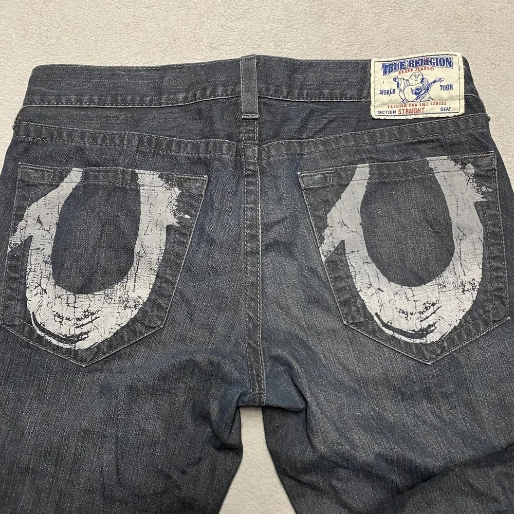 True Religion Straight Jeans Mens 36x34 Painted Logo Pockets Distressed